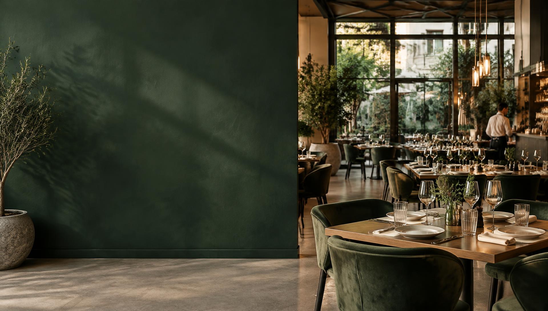 Sală de restaurant cu mese pregătite pentru oaspeți